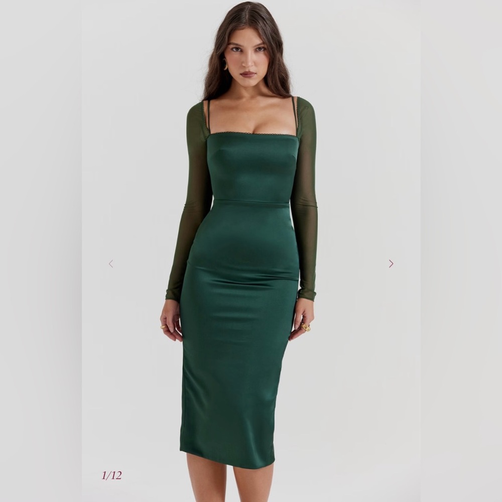 House of CB Ellica Emerald Green Mesh Sleeve Bodycon Midi Dress Size S Excellent - Picture 4 of 16